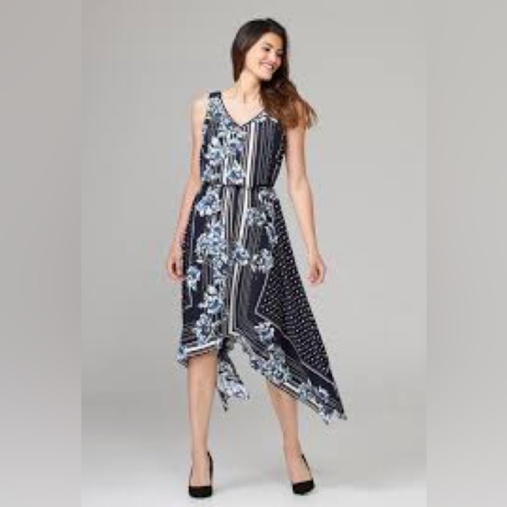 NWT 🌸JR Midnight Blue/Multi Floral Striped Kerchief Hem Midi Dress - Picture 4 of 16